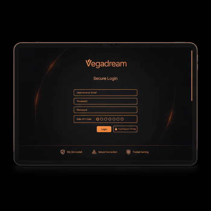 Vegadream Anmeldebildschirm — E-Mail, Passwort und 2FA-Option