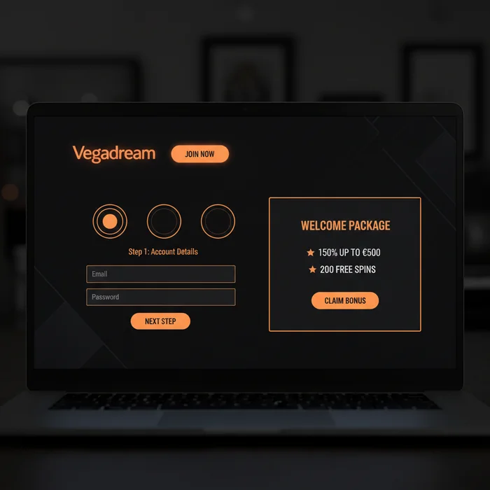 Vegadream Registrierungsformular — Kontoerstellung mit E-Mail und Passwortfeldern